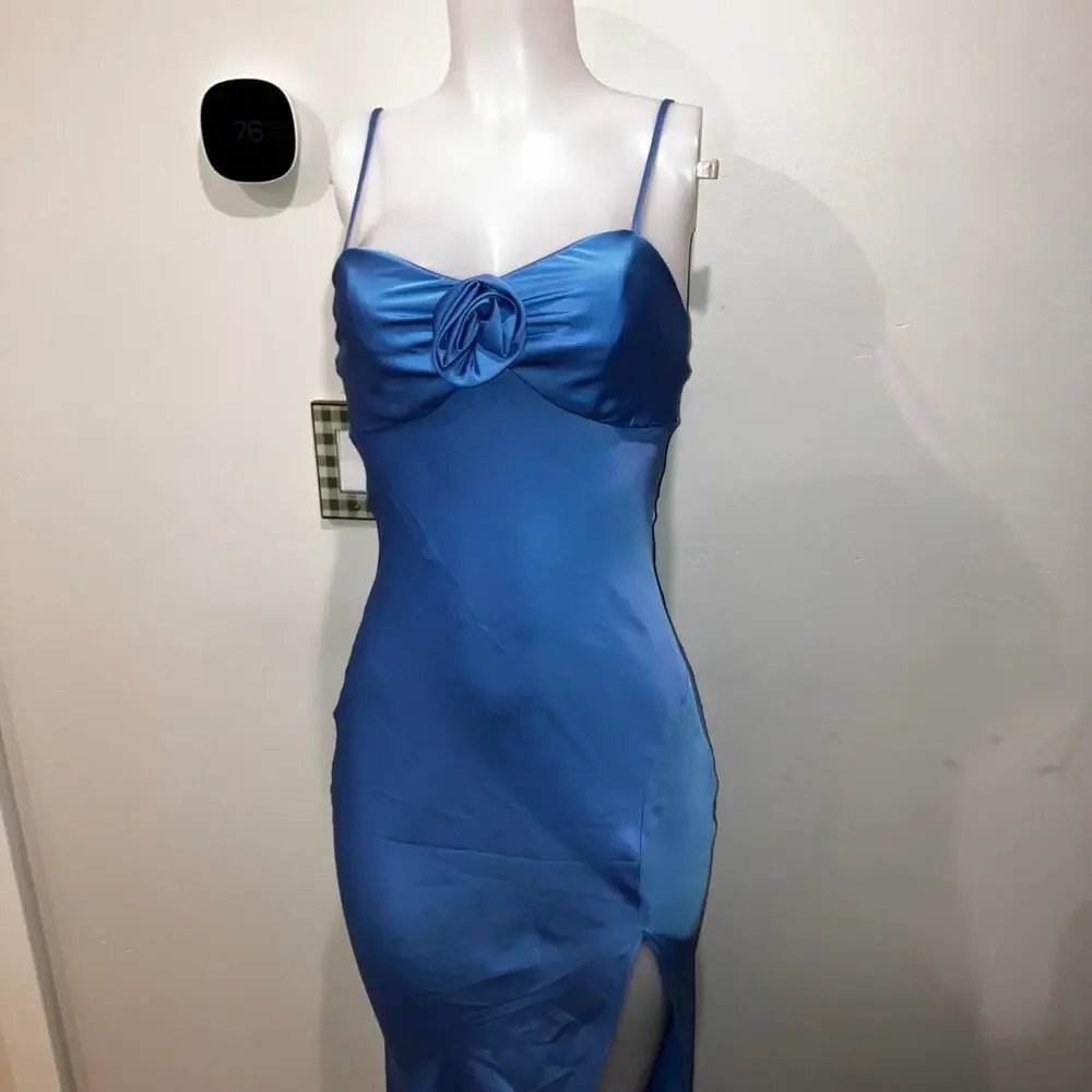 Blue satin maxi dress with 3D floral detail